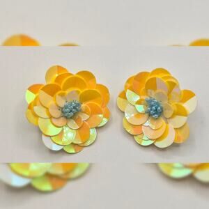 Vintage Big Yellow Sequin Flower & Bead Pierced Earrings